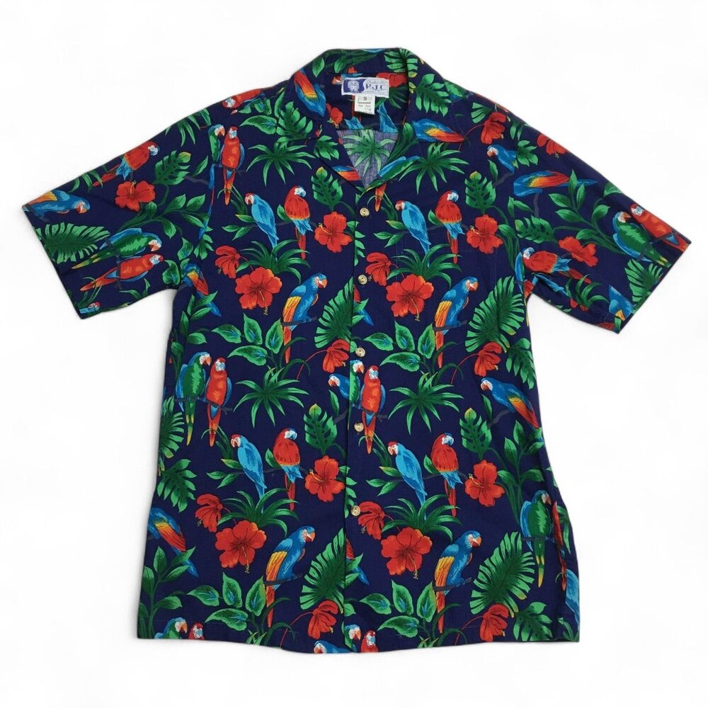 RJC Hawaii Shirt Mens Small Blue Parrot Hawaiian Aloha Tropical USA Made